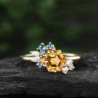 Hexagon cut yellow citrine ring vintage peridot ring rose gold 6 prong cluster unique engagement ring women Personalized wedding ring gift