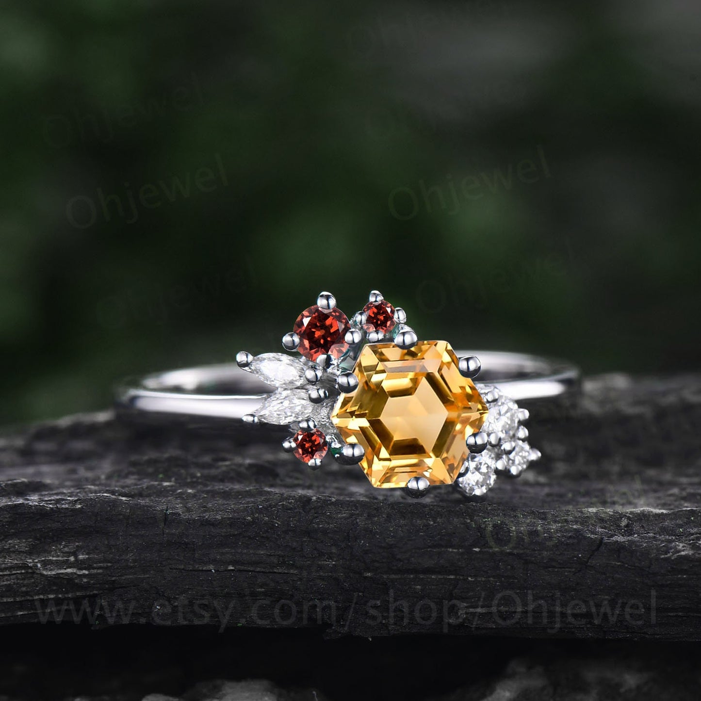 Hexagon cut yellow citrine ring vintage peridot ring rose gold 6 prong cluster unique engagement ring women Personalized wedding ring gift