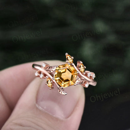 Vintage Hexagon citrine engagement ring leaf nature inspired marquise peridot ring women art deco twisted moissanite anniversary ring gift