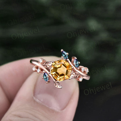 Vintage Hexagon citrine engagement ring leaf nature inspired marquise peridot ring women art deco twisted moissanite anniversary ring gift