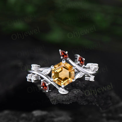 Vintage Hexagon citrine engagement ring leaf nature inspired marquise peridot ring women art deco twisted moissanite anniversary ring gift