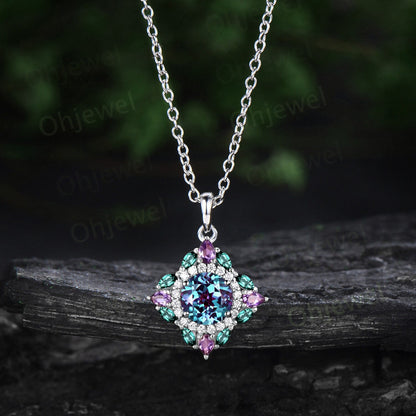 Round cut Alexandrite necklace vintage double halo moissanite amethyst emerald necklace Pendant women art deco rose gold anniversary gift