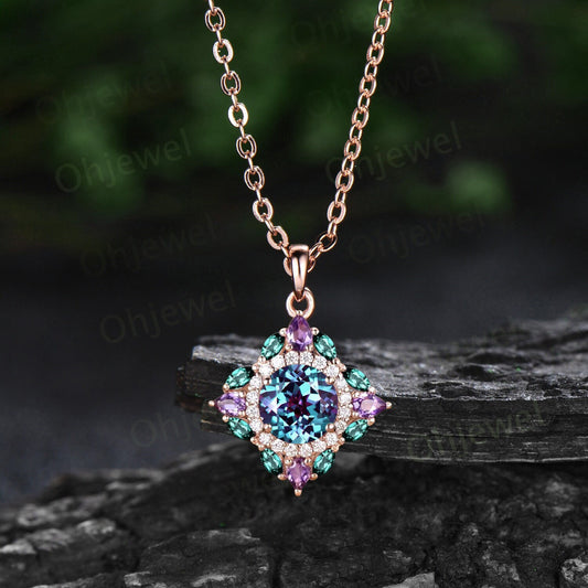 Round cut Alexandrite necklace vintage double halo moissanite amethyst emerald necklace Pendant women art deco rose gold anniversary gift