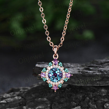 Round cut Alexandrite necklace vintage double halo moissanite amethyst emerald necklace Pendant women art deco rose gold anniversary gift