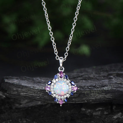 Vintage round white opal necklace art deco rose gold double halo moissanite amethyst sapphire necklace Pendant promise wedding bridal gift