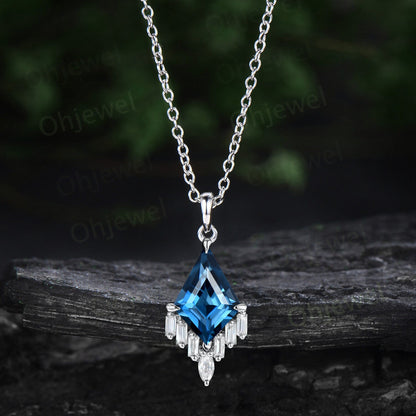 Kite cut London blue topaz necklace 14k rose gold cluster marquise baguette cut moissanite necklace pendant women art deco anniversary gift