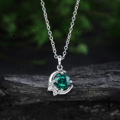 1ct Round green emerald necklace solid 14k rose gold unique moon necklace cluster moissanite Pendant women May birthstone anniversary gift