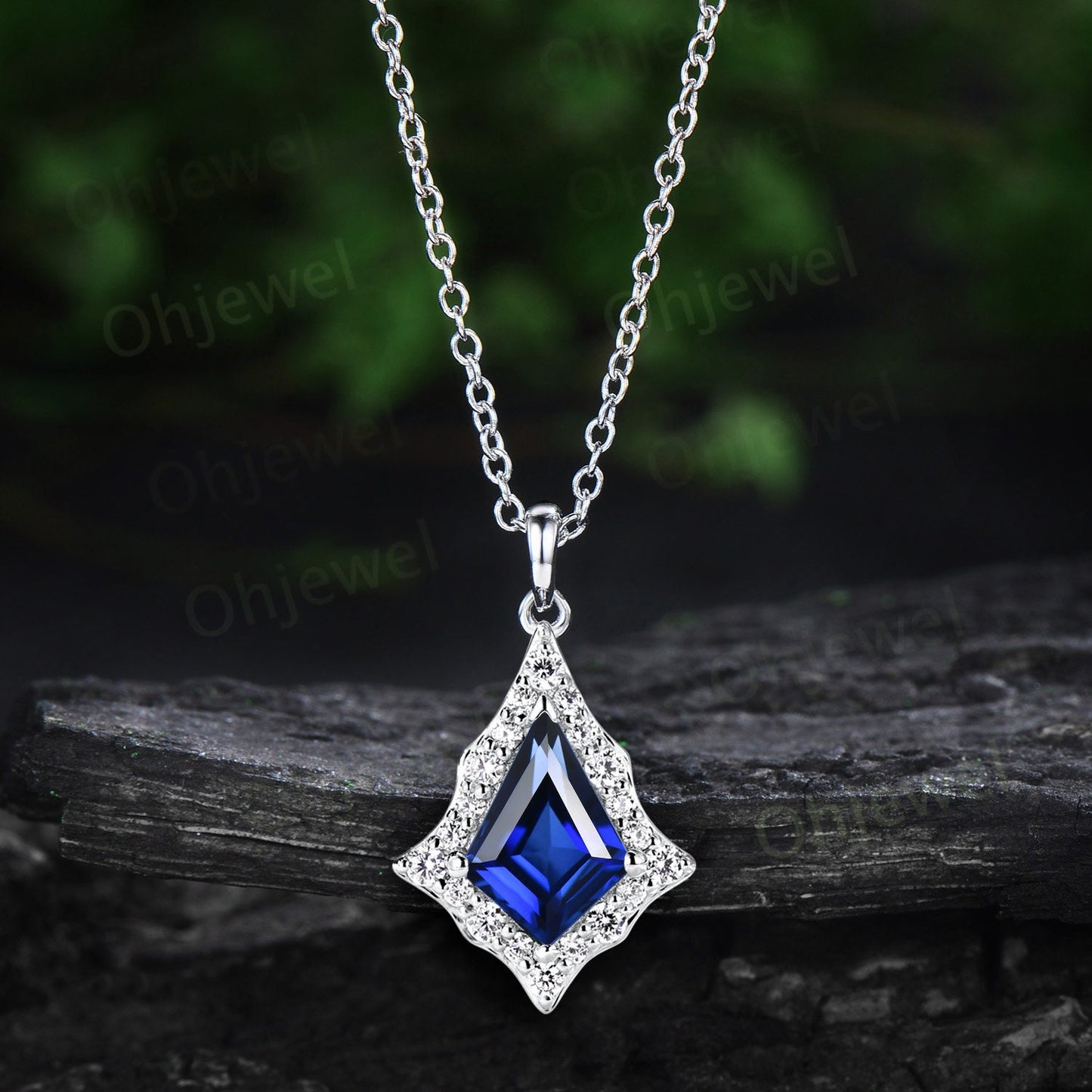 Vintage kite cut blue sapphire necklace rose gold antique unique snowdrift halo diamond necklace Pendant women jewelry anniversary gift