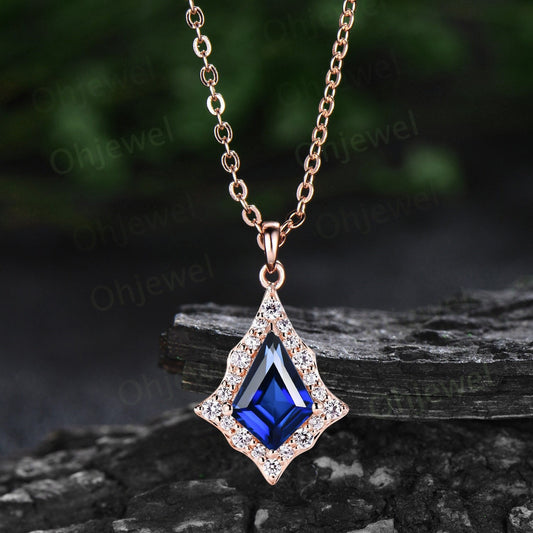 Vintage kite cut blue sapphire necklace rose gold antique unique snowdrift halo diamond necklace Pendant women jewelry anniversary gift