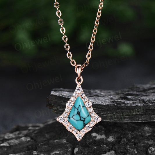 Vintage kite natural turquoise necklace 14k rose gold antique unique snowdrift halo diamond necklace Pendant women jewelry anniversary gift