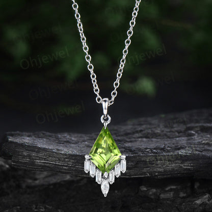 Kite cut natural peridot necklace rose gold cluster marquise baguette cut moissanite necklace pendant women art deco anniversary gift her