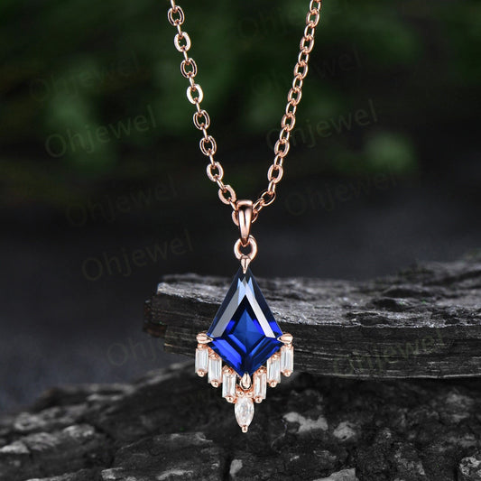 Kite cut blue sapphire necklace 14k rose gold cluster marquise baguette cut moissanite necklace pendant women art deco anniversary gift her