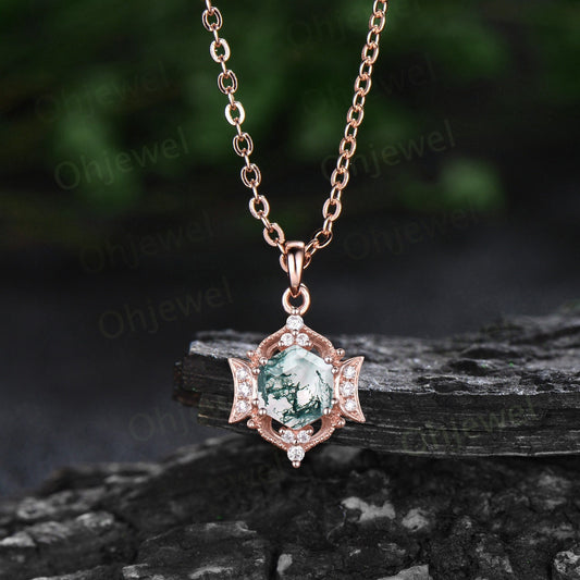 Vintage hexagon natural green moss agate necklace 14k rose gold cluster halo moon diamond necklace Pendant women antique jewelry gift