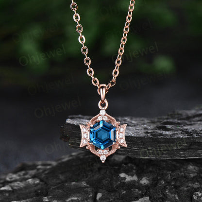 Vintage hexagon London blue topaz necklace 14k rose gold cluster halo moon diamond necklace Pendant women gemstone antique jewelry gift