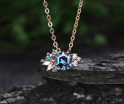 Hexagon cut Alexandrite necklace gold silver women vintage unique art deco cluster diamond necklace Pendant bridal promise anniversary gift