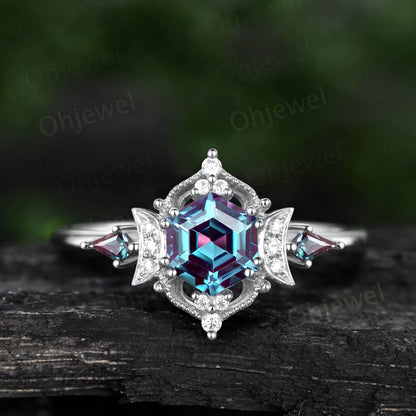 Vintage Hexagon cut Alexandrite engagement ring Milgrain cluster halo diamond ring women rose gold kite moon bridal wedding promise ring