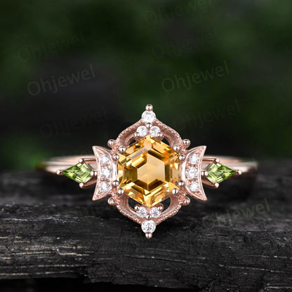 Vintage Hexagon yellow citrine engagement ring Milgrain cluster halo diamond ring women yellow gold moon kite peridot wedding promise ring