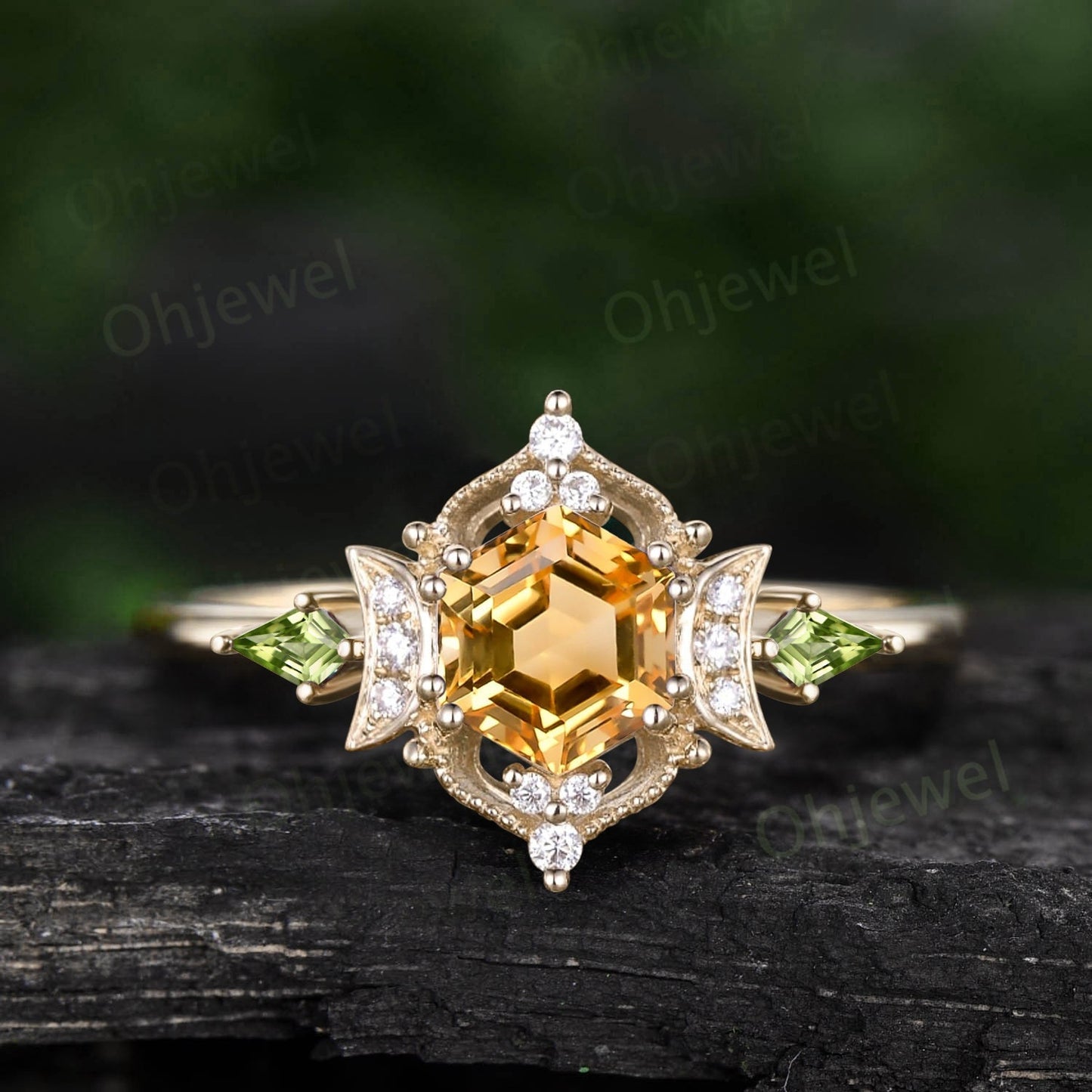 Vintage Hexagon yellow citrine engagement ring Milgrain cluster halo diamond ring women yellow gold moon kite peridot wedding promise ring