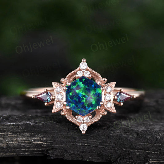 Hexagon black opal ring vintage kite Alexandrite ring rose gold halo unique moon engagement ring women milgrain diamond ring jewelry gift