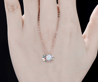 Hexagon white opal necklace gold silver women vintage unique art deco cluster alexandrite diamond necklace Pendant bridal anniversary gift