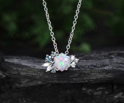 Hexagon white opal necklace gold silver women vintage unique art deco cluster alexandrite diamond necklace Pendant bridal anniversary gift