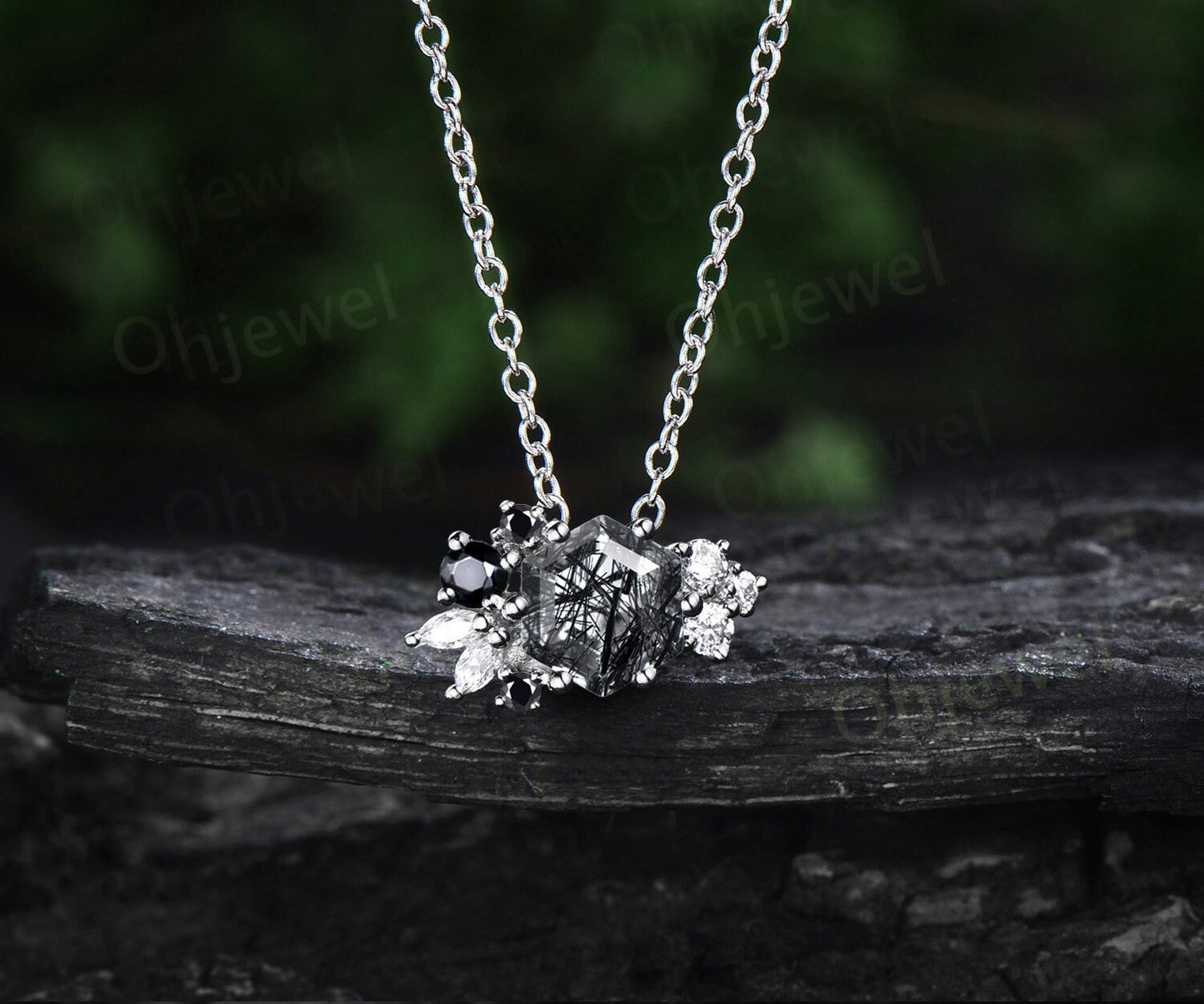 Vintage Hexagon black rutilated quartz necklace 14k rose gold cluster marquise diamond Pendant women 6 prong gemstone anniversary gift her