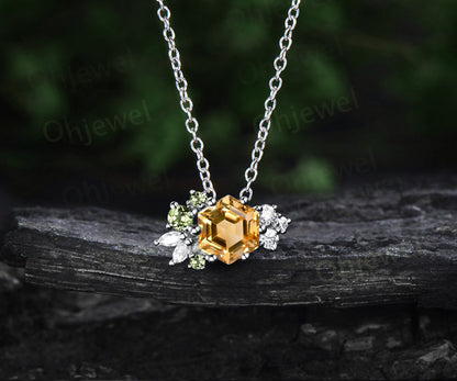 Hexagon cut citrine peridot necklace Pendant vintage 6 prong cluster diamond solid 14k rose gold unique necklace women November birthstone