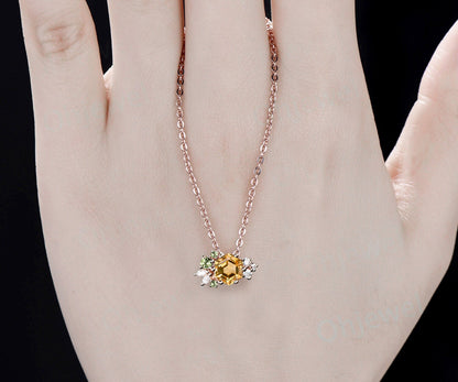 Hexagon cut citrine peridot necklace Pendant vintage 6 prong cluster diamond solid 14k rose gold unique necklace women November birthstone