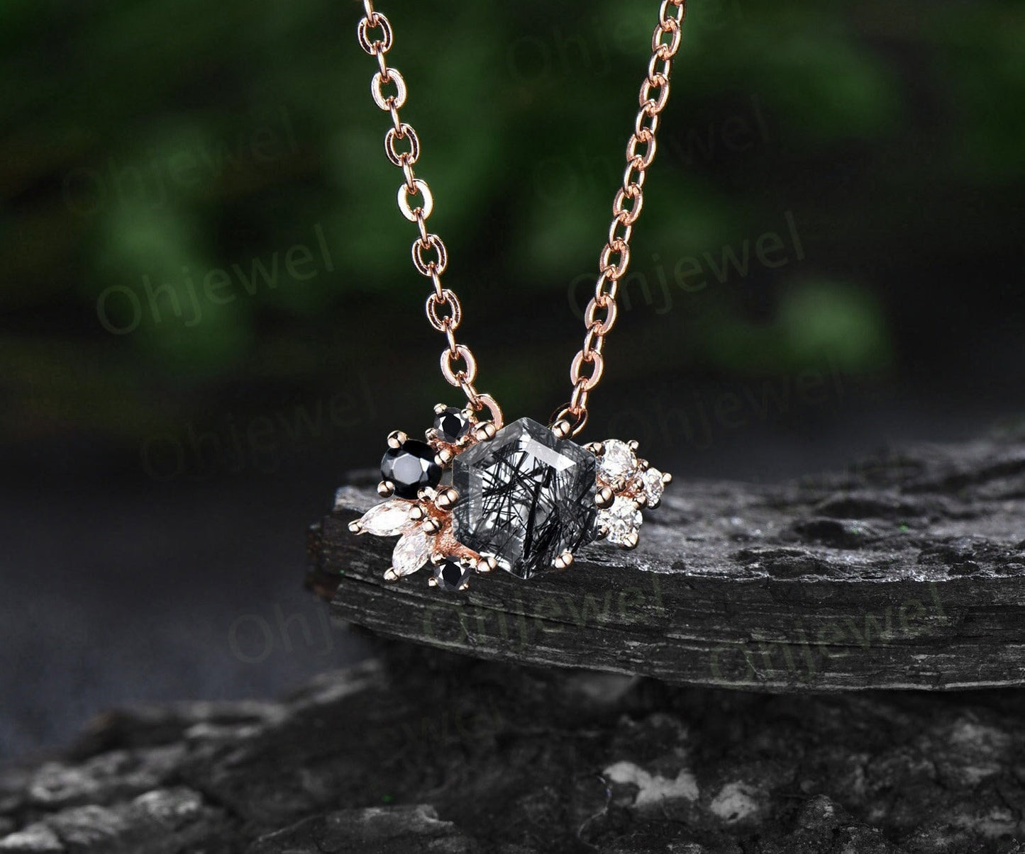 Vintage Hexagon black rutilated quartz necklace 14k rose gold cluster marquise diamond Pendant women 6 prong gemstone anniversary gift her