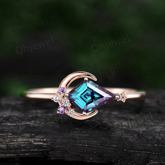 Kite cut alexandrite ring vintage amethyst ring rose gold unique star moon engagement ring women cluster diamond promise anniversary ring