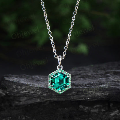 Vintage Hexagon cut green emerald necklace solid 14k rose gold 6 prong halo unique Pendant women May birthstone dainty anniversary gift