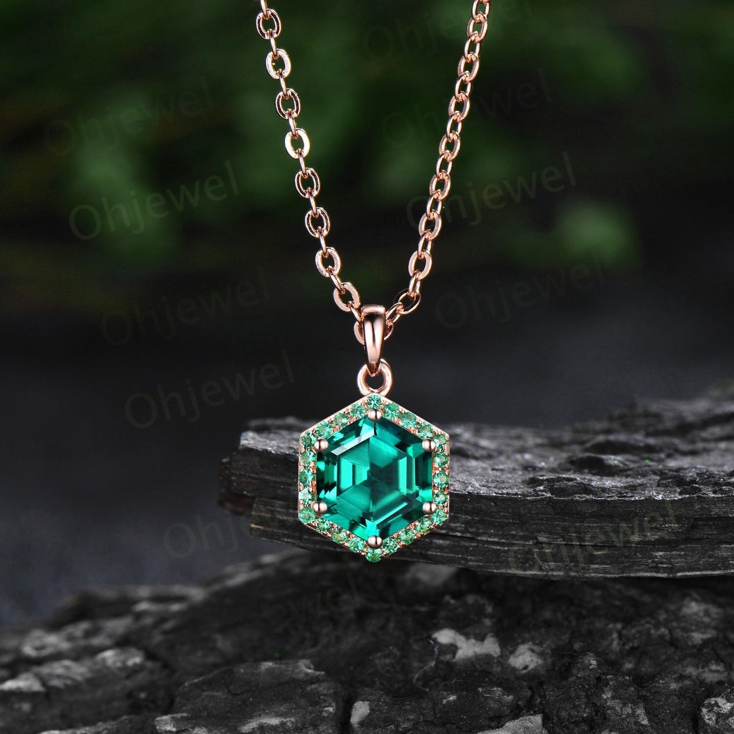 Vintage Hexagon cut green emerald necklace solid 14k rose gold 6 prong halo unique Pendant women May birthstone dainty anniversary gift