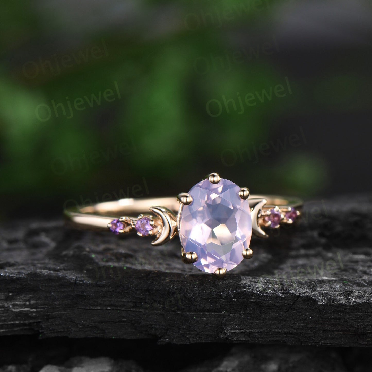 Oval lavender Amethyst ring moon opal wedding ring set art deco five stone unique engagement ring women yellow gold anniversary ring gift