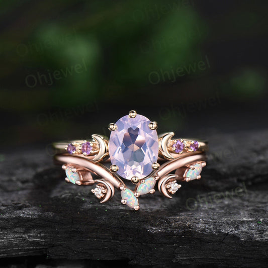 Oval lavender Amethyst ring moon opal wedding ring set art deco five stone unique engagement ring women yellow gold anniversary ring gift