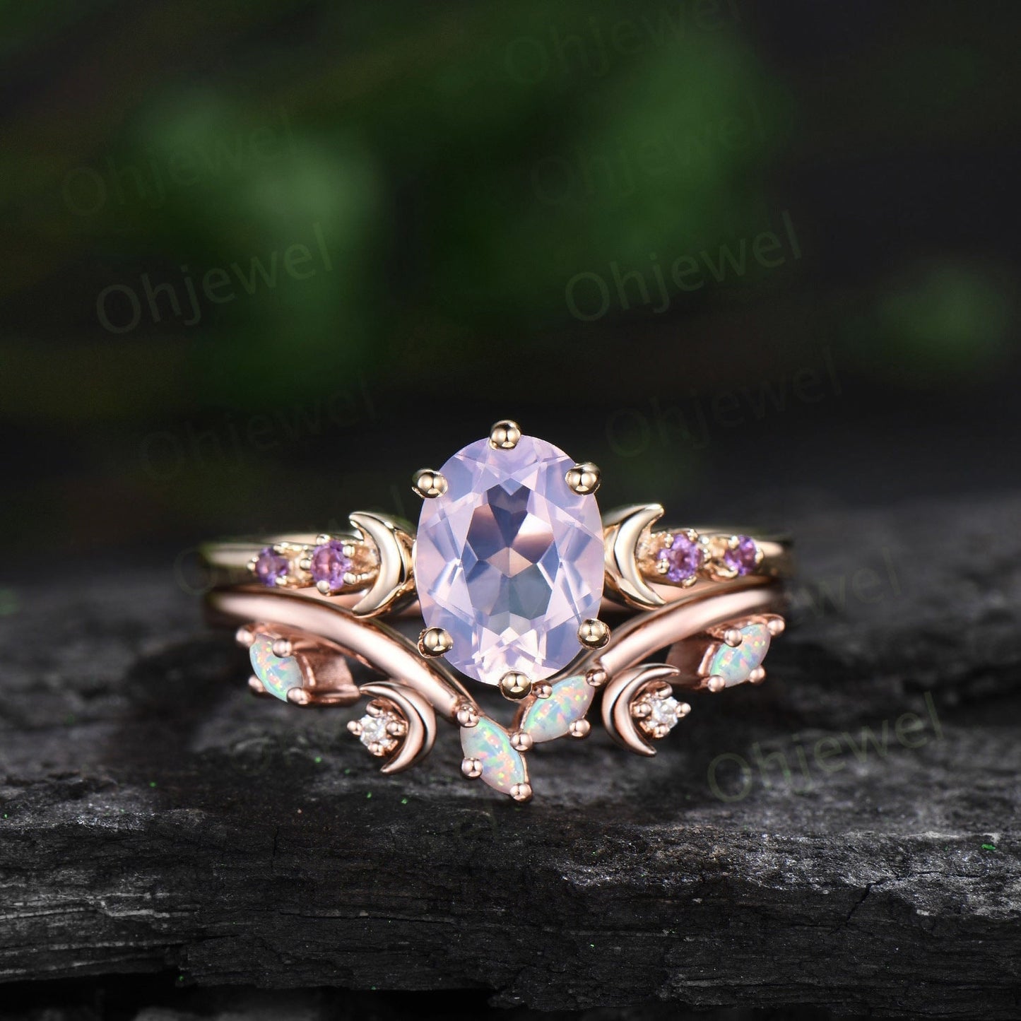 Oval lavender Amethyst ring moon opal wedding ring set art deco five stone unique engagement ring women yellow gold anniversary ring gift