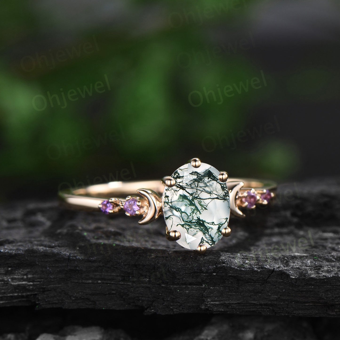 Vintage oval green moss agate engagement ring five stone moon amethyst ring yellow gold opal wedding ring band unique bridal ring set women