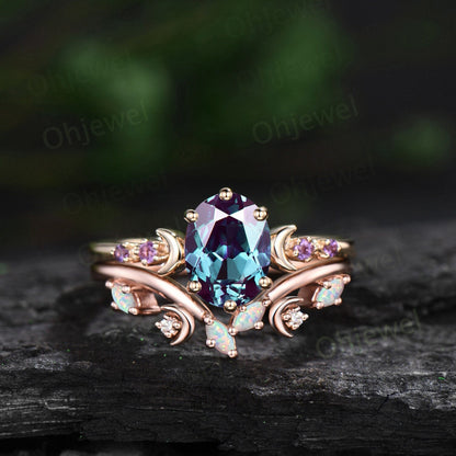 Oval Alexandrite amethyst engagement ring yellow gold Moon wedding ring set women art deco opal moissanite gemstone bridal ring set silver