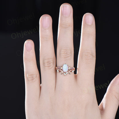 Moon five stone amethsyt ring vintage oval white opal engagement ring rose gold art deco promise wedding ring set women birthstone ring gift