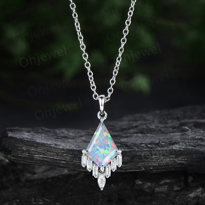 Kite cut white opal necklace 14k rose gold cluster marquise baguette cut moissanite necklace pendant women art deco anniversary gift her