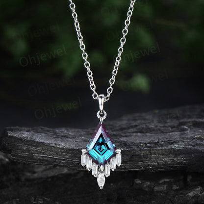 Kite cut alexandrite necklace vintage June birthstone cluster marquise baguette moissanite necklace pendant solid 14k rose gold jewelry gift