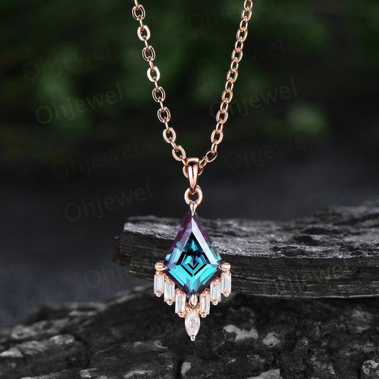 Kite cut alexandrite necklace vintage June birthstone cluster marquise baguette moissanite necklace pendant solid 14k rose gold jewelry gift