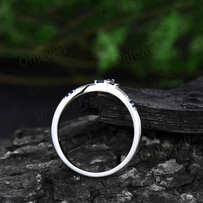 Princess cut sapphire wedding band art deco curved wedding ring band women vintage 14k white gold 7 stone bridal anniversary ring gift