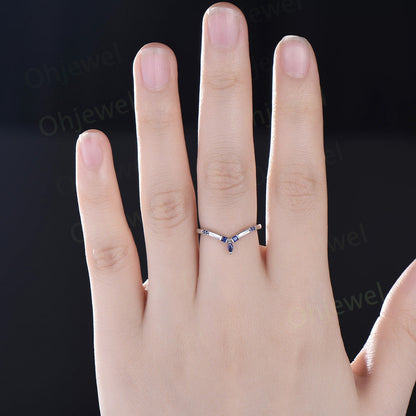 Princess cut sapphire wedding band art deco curved wedding ring band women vintage 14k white gold 7 stone bridal anniversary ring gift