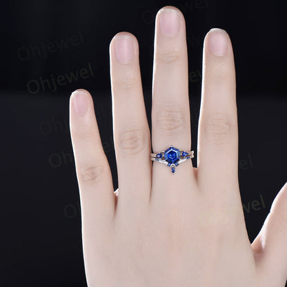 Hexagon sapphire engagement ring set white gold three stone princess kite sapphire ring blue gemstone unique promise ring set women gift