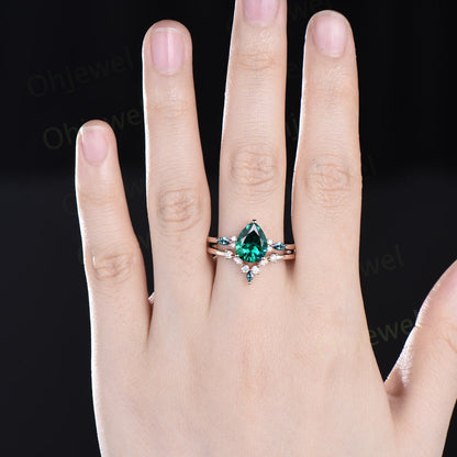 8x10mm pear emerald engagement ring marquise alexandrite ring rose gold art deco diamond bridal ring set women green gemstone ring jewelry