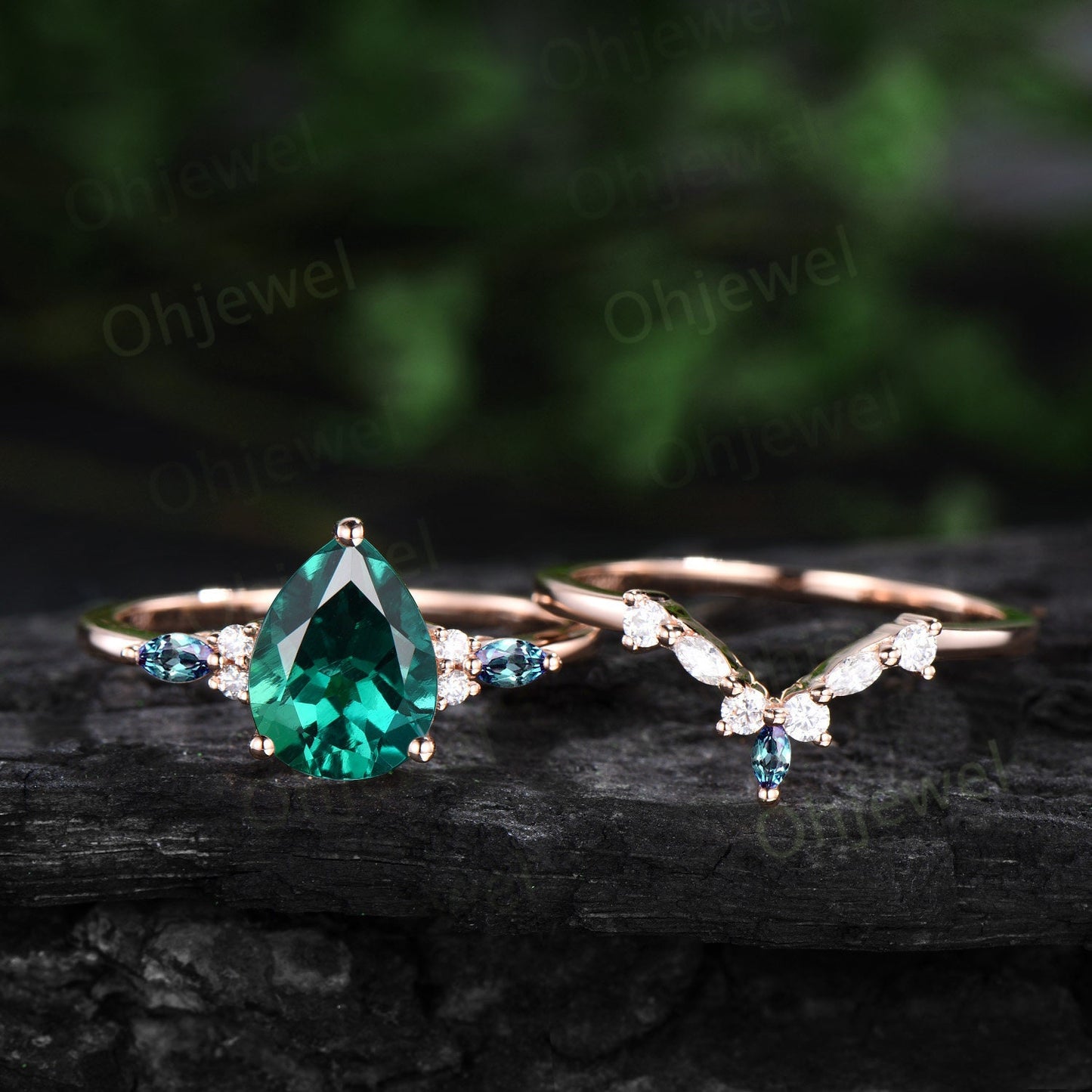 8x10mm pear emerald engagement ring marquise alexandrite ring rose gold art deco diamond bridal ring set women green gemstone ring jewelry