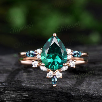 8x10mm pear emerald engagement ring marquise alexandrite ring rose gold art deco diamond bridal ring set women green gemstone ring jewelry
