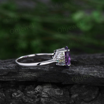 Oval cut purple amethyst ring vintage cluster snowdrift emerald peridot topaz ring white gold unique engagement ring women anniversary gift