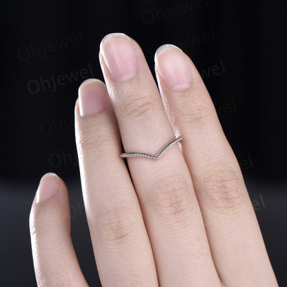 Curved V shaped solitaire wedding band solid 14k white gold Milgrain art deco stacking matching wedding ring band women 925 sterling silver