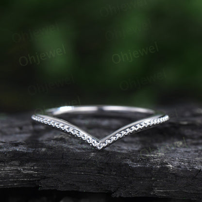 Curved V shaped solitaire wedding band solid 14k white gold Milgrain art deco stacking matching wedding ring band women 925 sterling silver